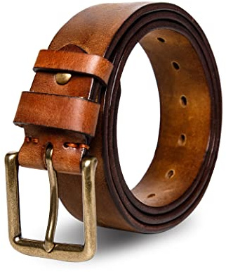 wolksprong Thicken Full Grain Leather Mens Belt Heavy Duty Work Belt High Hardness Buckle Packed In Gift Box (Brown, 38(Fit Pants Size 36))