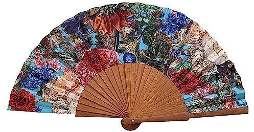 Tusitala Barcelona Abanico Español Triana - Madera y Algodón - 23 cm - Estuche y Funda de Yute - Accesorio de Moda - Hecho a Mano en España - Eventos y Regalos - Colección Flowers
