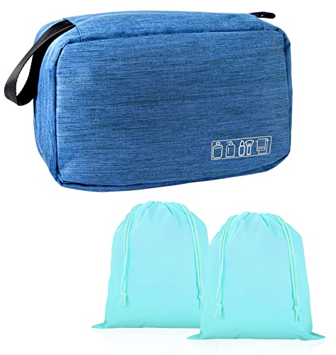 Larkumio Kulturbeutel Herren Damen zum Aufhängen, Kulturtasche Waschtasche Kosmetiktasche Männer Waschbeutel Toiletttasche Groß mit Handhaben, 1 Toiletry Bag + 2 Kordelzug Tasche, Himmelblau