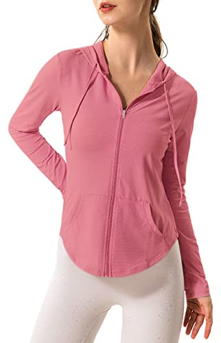 Hanyomo Mujeres Manga larga UPF 50 + protector solar Chaquetas deportivas Capucha Camiseta de fitness Bolsillo Yoga Cremallera completa Jacket