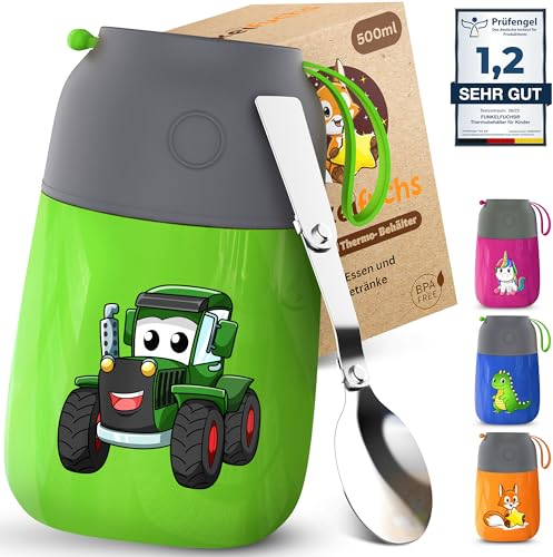 Funkelfuchs® - Thermobehälter für Essen Kinder – 500ml, Grün Traktor – 100% auslaufsicher - Warmhaltebehälter Essen Edelstahl – Thermobecher Essen – Thermo Lunchbox Kinder – Babybrei