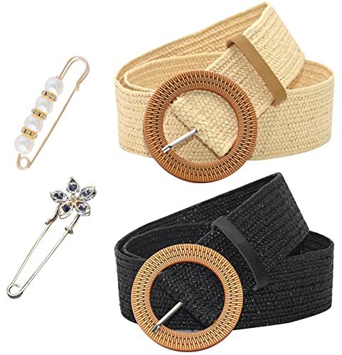 VEGCOO Ceinture Large en Paille Tissée Femme, 2 Pièces 96cm/38in*5cm/2in, Élastique Taille Haute Avec 2 Épingles À Nourrice Pour Robe/Jupe/Chemises (Blanc & Noir)