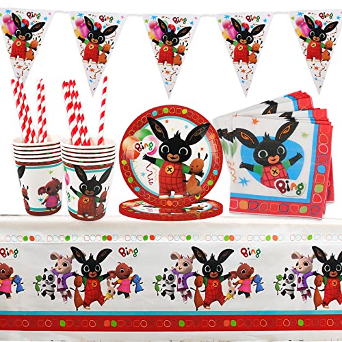 52Pz Stoviglie Feste Decorazione Bing Bunny, Tavola di Compleanno Tema, Stoviglie Decorative Bambini, Piatti Tazze Tovaglioli Bandiera Triangolare Cannucce Tovaglie, per Ragazzi Ragazze Articoli Feste