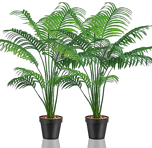 Lighterday Set of 2 Artificial Fake Plants Indoor Decorative Large Faux Plants Artificial Palm Tree Tall Plastic Plants for Office Home Indoor Outdoor Decor (2 Pots of Artificial yellow palm)