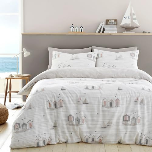Fusion - Funda nórdica náutica natural – Tamaño individual (140 x 200 cm) – Reversible (2 diseños) – Funda de edredón – Ropa de cama natural y blanca con temática costera – Juego de cama de cabañas de