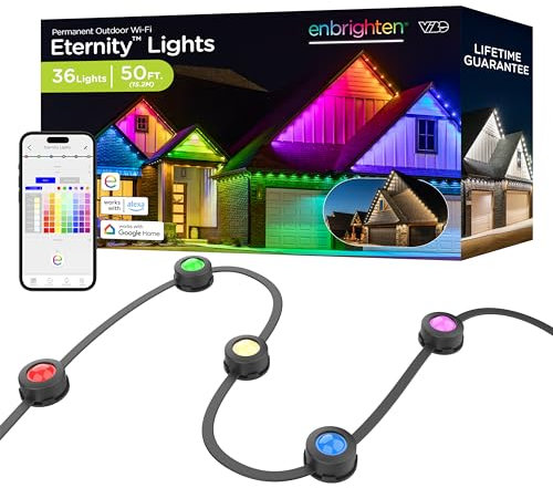 Enbrighten Vibe Eternity Permanent Outdoor Lights for House, 50ft, 36 RGBWIC LEDs, Close Spacing, 33lm, Color Changing, Christmas, Eave Lighting, Smart App, Works with Alexa, Google Home, 82730