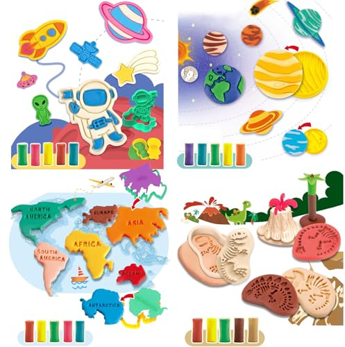 OTONOPI Dough Play Set 53pcs Color Dough 4 in 1 Planet Maker Exploring The Universe Map of The World Dnisaur Fossils Dough Tools Kit Modeling Dough Playset with 20 of Colours Dough for Kids