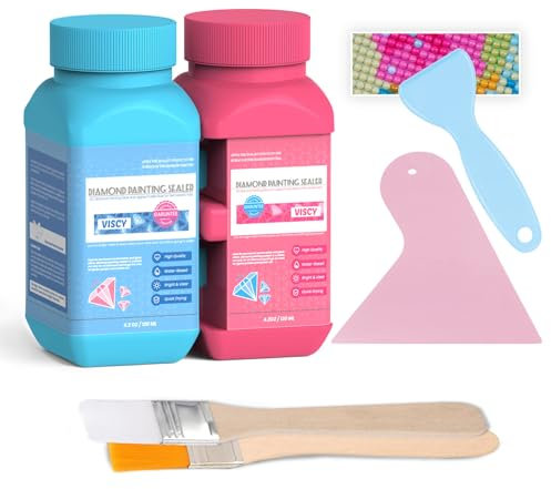 VISCY Diamond Painting Versiegelung, Diamond Painting Kleber Set mit 240 ml Kleber, 2 Silikonspateln & 2 Pinseln für dauerhaften Halt & Glanzeffekt bei Diamantmalerei & Puzzles.