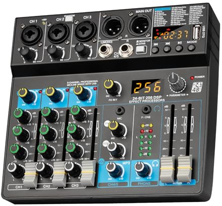 Depusheng BF6 Mezclador de audio profesional, efectos digitales, DSP de 256 bits, USB, Bluetooth, MP3, mezclador de DJ para computadora, interfaz de entrada de 5 canales con alimentación fantasma