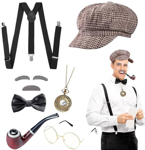 DIKARIYA 20er Jahre Opa Kostüm, Sherlock Holmes Detektiv Kostüm Zubehör mit Hut Elastischer Y-Rücken Hosenträger Fliege Bart Augenbrauen Brille Accessoires für Herren Maskerade Party