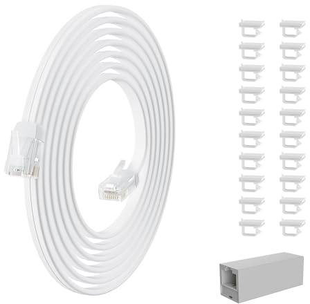 HiFind Telephone Extension Cord 75 Ft, Anti-UV Weatherproof Phone Cable Line Wire with Standard RJ11 Plug for Landline Modem Fax Machine Outdoor with 1 in-Line Coupler&Clip Holders -Flat-White