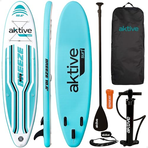 AKTIVE Tabla Paddle Surf Hinchable Iniciación All-Round, Ligera, Superficie Antideslizante, Medidas 320x81x15 cm, Incluye hinchador, Remo, 3 Aletas y Kit de reparación (62053)