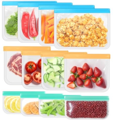 Sacchetti Riutilizzabili 12 Pezzi Sacchetti Freezer riutilizzabili sacchetti per alimenti trasparenti congelatore verticale sacchetti ermetici per Frutta Verdura Carne Sandwich
