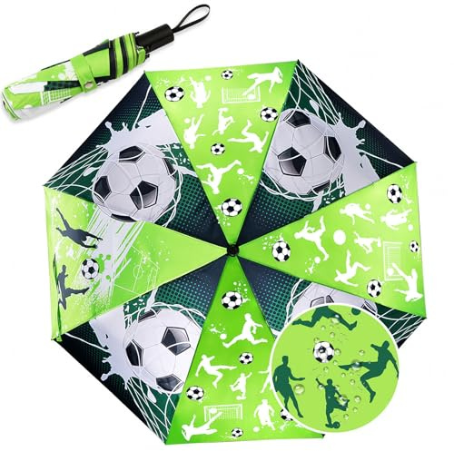 DPKOW Farbwechsel bei Regen Regenschirm Kinder, Fußball Regenschirm Taschenschirm für Schulranzen, Fussball Geschenke Jungen Einschulungsgeschenke, Kinderregenschirme, Junge, 98cm