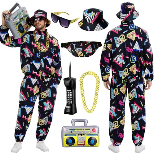 Tenue des années 80 pour homme, survêtement rétro des années 90, streetwear, hip-hop, carnaval, veste et pantalon, costumes de nuit, vêtements de cosplay