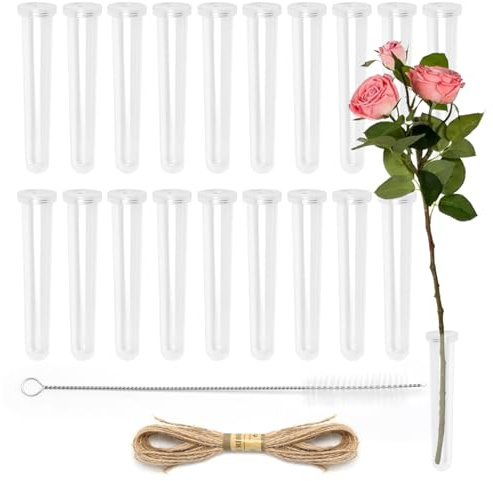 Lot de 20 Tubes à Fleurs avec Bouchons, Tube à Essai en Plastique pour Fleurs avec Cordon et Brosse, Vase Tubes à Eau Suspendus, 11 x 2,4 cm