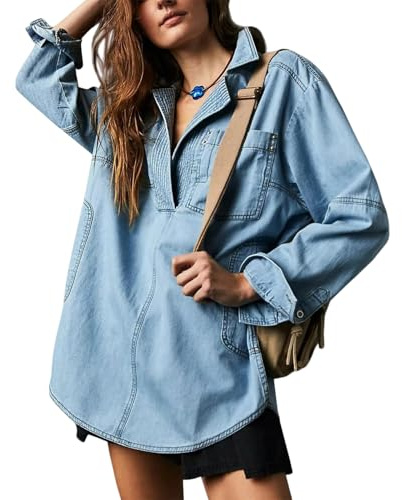 Dam denim pullover ledig knapp v-ringad blus, lös passform långärmad jeansblus med ficka, BLÅ, S