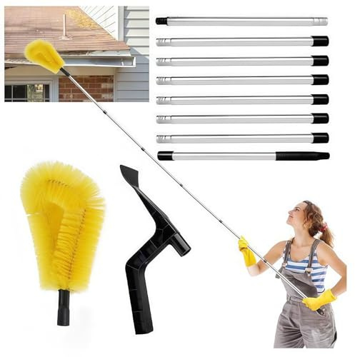 Gutter Cleaning Tools, 10.5Ft Gutter Brush, Telescopic Gutter Cleaner with Brush & Scoop for Removing Leaves, Debris & Spider Webs, for Gardens, Ditches, Villas & Townhouses