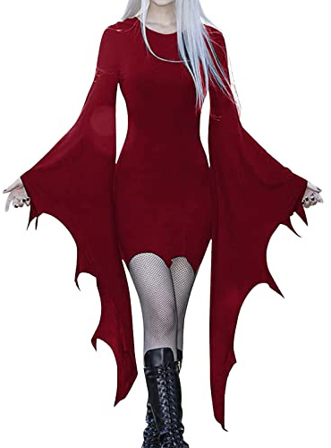 Generisch Vestido gótico para mujer, manga de mariposa, disfraces, vestido de encaje de malla, vestido de carnaval, fiesta, túnica, cóctel, fiesta, vestido delgado, rojo, L