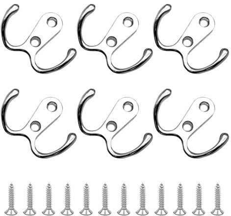 Ulvironte 6Pcs Double Pron-g Robe Hooks, Wall-Mounted Coat Hooks with 12 Screws, Dual Coat Hooks Wall Mounted Hanging Clothes for Bathroom Bedrooms Hanging Clothes Robe Towel Kitchen