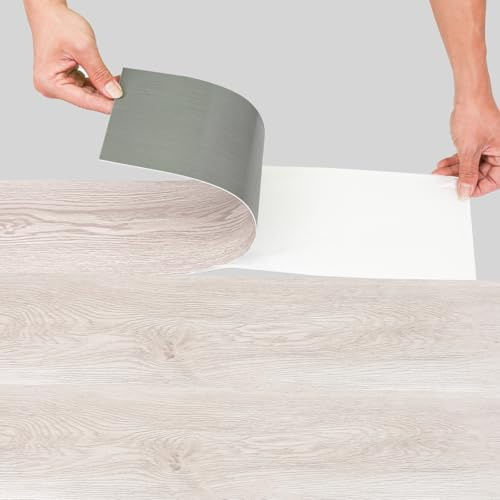 Vkechh PVC-golvbeläggning självhäftande, vinylgolv av PVC i träutseende, halkfri och vattentät, självhäftande kakel för kök och badrum, 91,5 × 15,2 cm, tjocklek 1,5 mm (White Ek, 70 plattor ca 10 m²)