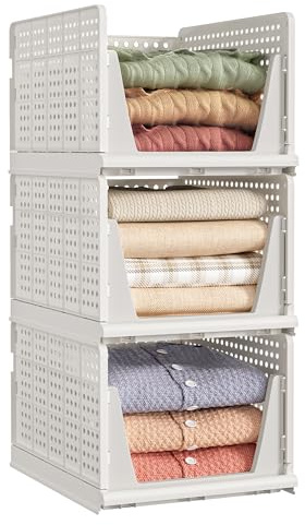 SONGMICS Organizer per Armadio Pieghevole, Set di 3 Organizzatori Cesti Impilabili Scorrevoli per Armadio, Cassetti in Plastica per Camera da Letto Ufficio Bagno, Bianco LPC310W101