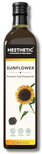 Premium Edible Cold Pressed Sunflower Oil, 1L, Rich in Healthy Fats, Ideal for Cooking, Frying and Salad Dressings, 100% Pure and Natural, Food Grade Virgin Oil, Glass Bottle
