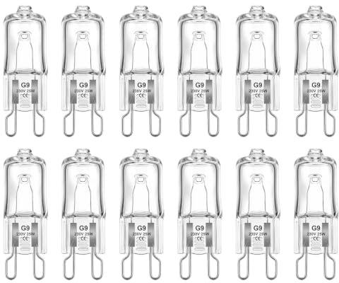 Veruydita Bombilla halógena G9 de 25W, 12 unidades, regulable del 10% al 100%, voltaje 230V, 300 lúmenes, blanco cálido 2700K, sin parpadeo, larga duración, ideal para hornos, microondas
