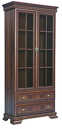 Furniture24 Vitrine Kora KRW2 Standvitrine Wohnzimmerschrank Vitrinenschrank mit 2 Türen und 2 Schubkasten (Samoa King)