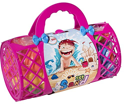 Playkidiz Sand Toys For Kids - Mega Pack Bulk Beach - Pink Sandbox Play Set w/Unique Crab, Shell & Sea Life Sand Molds, Shovel, Rake, Watering Can & BONUS Basket Carry Bag w/Handles