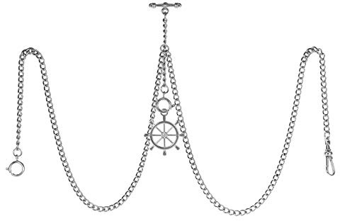 TREEWETO Men's Double Albert Chain Pocket Watch Curb Link Key Chain 3 Hooks with Antique Silver Rudder Pendant Design Charm Fob T Bar