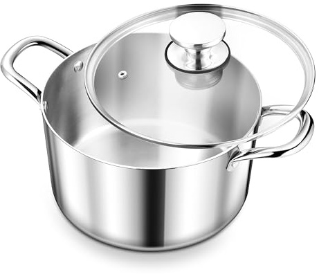 Herogo 4.5 Quart Stock Pot, Tri-Ply Cooking Pot with Lid, 18/10 Stainless Steel Pasta Stockpot with Handles, 4.5 QT Stockpot for Induction Electric Gas Stove, Dishwasher Safe