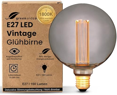 greenandco dekorativ LED-glödlampa i vintage-stil | E27 G125 | Rök | 4W 100lm | 1800K Extra varmvitt | 320° | 230V | Flimmerfri | Ej dimbar