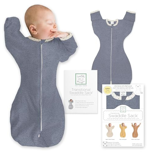 SwaddleDesigns Transitional Swaddle Sack, Baby Swaddles for Newborn with Arms Up Half-Length Sleeves & Mitten Cuffs, Sleep Sack Wearable Blanket, S (2.7-6.4 kg), 0-3 months, Heathered Denim