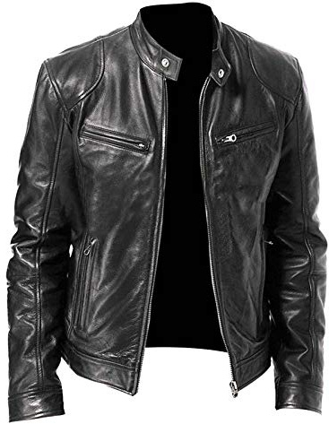 Men's Leather Biker Jacket - Vintage Leather Jacket Men Motorcycle - Stand Collar Distressed Leather Bomber Jacket Men(Black,Medium)