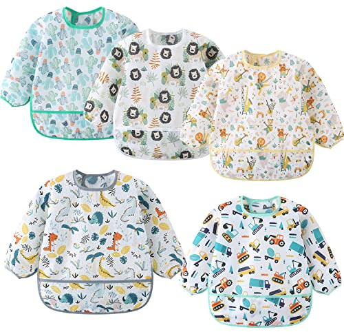 ElecMotive Long Sleeve Bibs 5 Pack Waterproof Sleeved Bib Baby Toddler Soft Bib for 6-30 Months