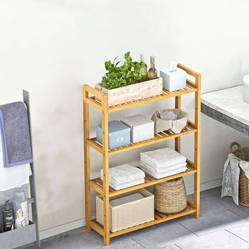 Undres Badregal, Standregale, Badezimmerregal, schmales Regal, Badezimmerregal mit 4 Ebenen, Bambusregal, 70x25x100 cm, für Balkon, Badezimmer, Küche, Arbeitszimmer, Wohnzimmer. (Naturholzfarbe)