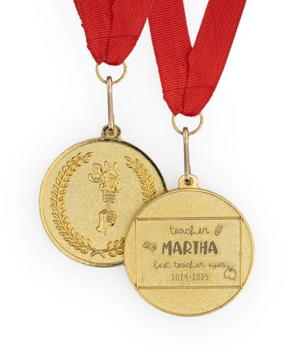 Wanapix | Medallas Personalizadas | Medallas Niños y Adulto | Medalla Metal Grabado | Medallas Premios | con Cinta Roja | Oro - 5ø cm | Profe