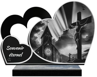 Eternel - Plaque Funéraire Personnalisée Double Cœur - Croix Eglise Jesus-Christ, Religion - Texte Personnalisable, Plaque Funéraire Gravée au Laser pour Hommage, Plaque Cimetière, Tombale Enterrement