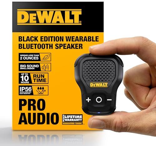 DEWALT Wearable Bluetooth Speaker [Onyx Edition - Black] Clip-On Wireless Jobsite Pro Water-Resistant Portable Speaker (Non- Magnetic), Mic for Hands-Free Music/Calls, Mini Speakers Bluetooth Wireless