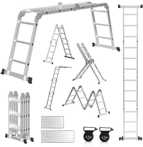 Yakimz Escalera multifunción multiusos de aluminio con plataforma, 4 x 3 peldaños, 360 cm, 7 en 1, 12 peldaños, plegable con 2 placas de andamio, color plateado