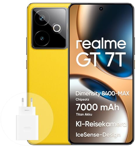 realme GT 7T Smartphone 5G 12+512 GB, Dimensity 8400-MAX-Chipsatz, 7000 mAh Titan-Akku, 6,78 Zoll 1,5K 120 Hz-Display, AI Travel Snap-Kamera, IP69, IceSense Gelb