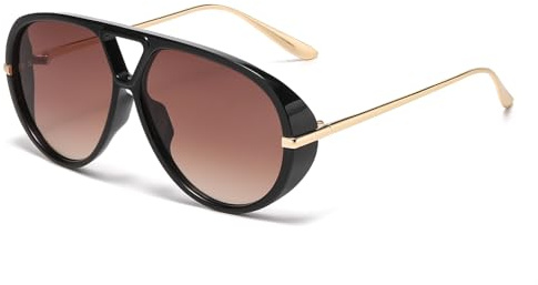 LJCZKA Gafas de Sol Piloto Grande para Mujer Hombre, Años 70 Retro Doble Puente Gafas de Sol Redondo Marco Metálico Protección UV400