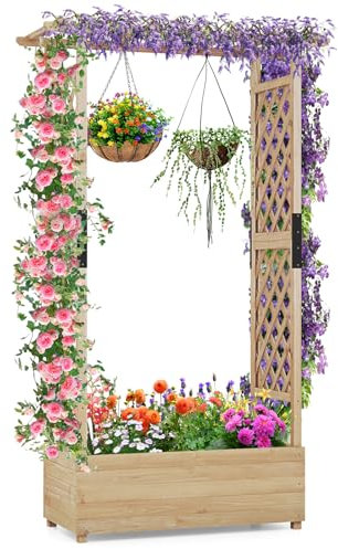 COSTWAY Garden Planter with Trellis, Hanging Roof and Drainage Holes, Weather-Resistant Wooden Raised Bed for Vine Climbing Plants, Outdoor Trough Container Grow Box Flower Pot (Natural, 110x44x180cm)