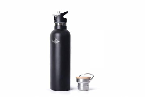 Bakhtiar®️ Doppelwandige Edelstahl Trinkflasche - Premium Isolierflasche für Heiß- & Kaltgetränke - Sportflasche mit zwei Deckel - Getränkeflasche Kohlensäure geeignet (Schwarz, 500ml)