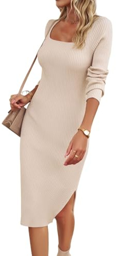 HUXRAKV Vestido de Punto para Mujer, Cuello Cuadrado, Mangas Largas, Color Sólido, Corte Favorecedor, Midi Vestido Suéter para Otoño e Invierno,WD41-Albaricoque, XL