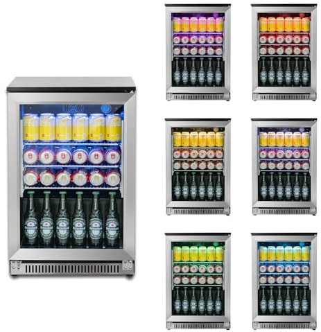 Chillforce 20 Inch Built-In Beverage Refrigerator, Front Venting Under Counter or Freestanding, 7-Color LED Fridge,120 Can Soda Beer Cooler with Stainless Steel Frame & Glass Door