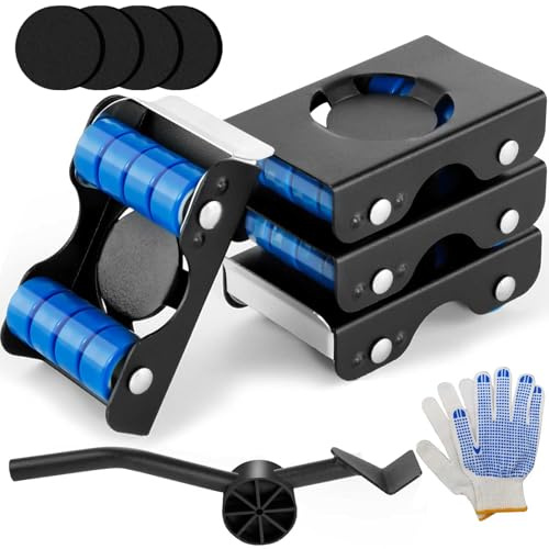 Furniture Transport Roller Set - Furniture Dolly 4 Wheels and Pry Bar and Gloves, 350KG Load Capacity Transport Roller, Upgrade Moving Wheels for Heavy Appliance, Sofa, Bed, Washing Machine, Cabinet