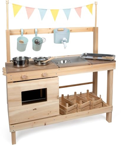 Small Foot Cuisine de Boue et Boutique en Bois Massif, Grande Cuisine de Boue/Boutique d'extérieur, avec Robinet et Accessoires, 12790