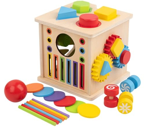Cubo attività, Design multi-attività, 17x15,5x15 cm, Giocattolo per lo sviluppo in legno 8 in 1, Stazione di apprendimento Cubo gioco, Sviluppo abilità motorie, Per ragazze Ragazzi Bambini 1-6 anni